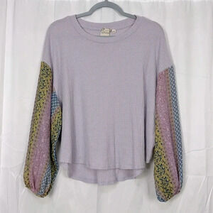 Blu Pepper Waffle Knit Long balloon Print Sleeve Top Size Large